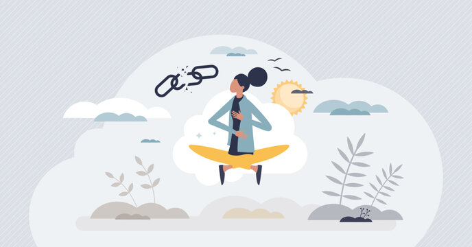 Stress reduction techniques for inner calm or relaxation tiny person concept. Be happy with anxiety and anxious management with peace control and correct breathing vector illustration. Therapy result