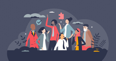 Diversity and inclusion in workplace with acceptance and integration tiny person concept. Colleagues from various age, racial, ethnic and cultural society groups vector illustration. Team Equality.