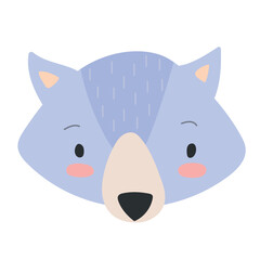 Cute cartoon wolf face. Cute wolf illustration. Hand drawn vector illustration in scandinavian style. Baby print for nursery, baby clothes, poster, postcard.