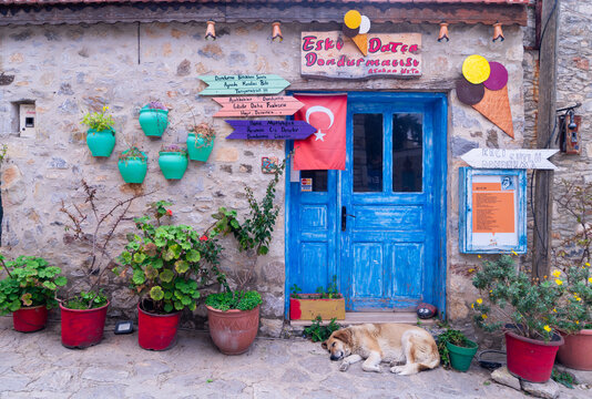 Datca, Turkey - April 11, 2023 Vintage ice cream store in old Datca, Mugla, Turkey