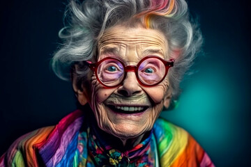 A close-up portrait of a funny face elderly woman, with glasses, dresses and hair colorfulled - ai generative