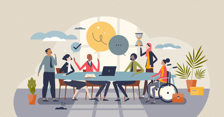 Diversity and inclusion in workplace as team acceptance tiny person concept. Teamwork power with various ethnic, racial and culture groups vector illustration. Business staff employment tolerance.
