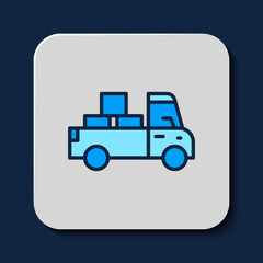 Filled outline Delivery truck with cardboard boxes behind icon isolated on blue background. Vector
