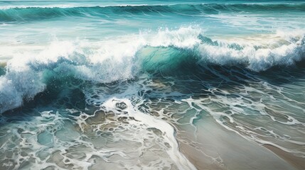 Fototapeta premium Sea waves breaking on the shore. Stunning blue and white colors on the seashore. Generative AI