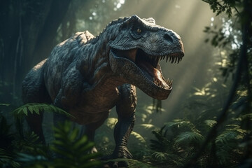 T-Rex dinosaur in the jungle, with its mouth open in a menacing growl, surrounded by lush vegetation and towering trees. The artwork is inspired by the Jurassic World concept. ai generated
