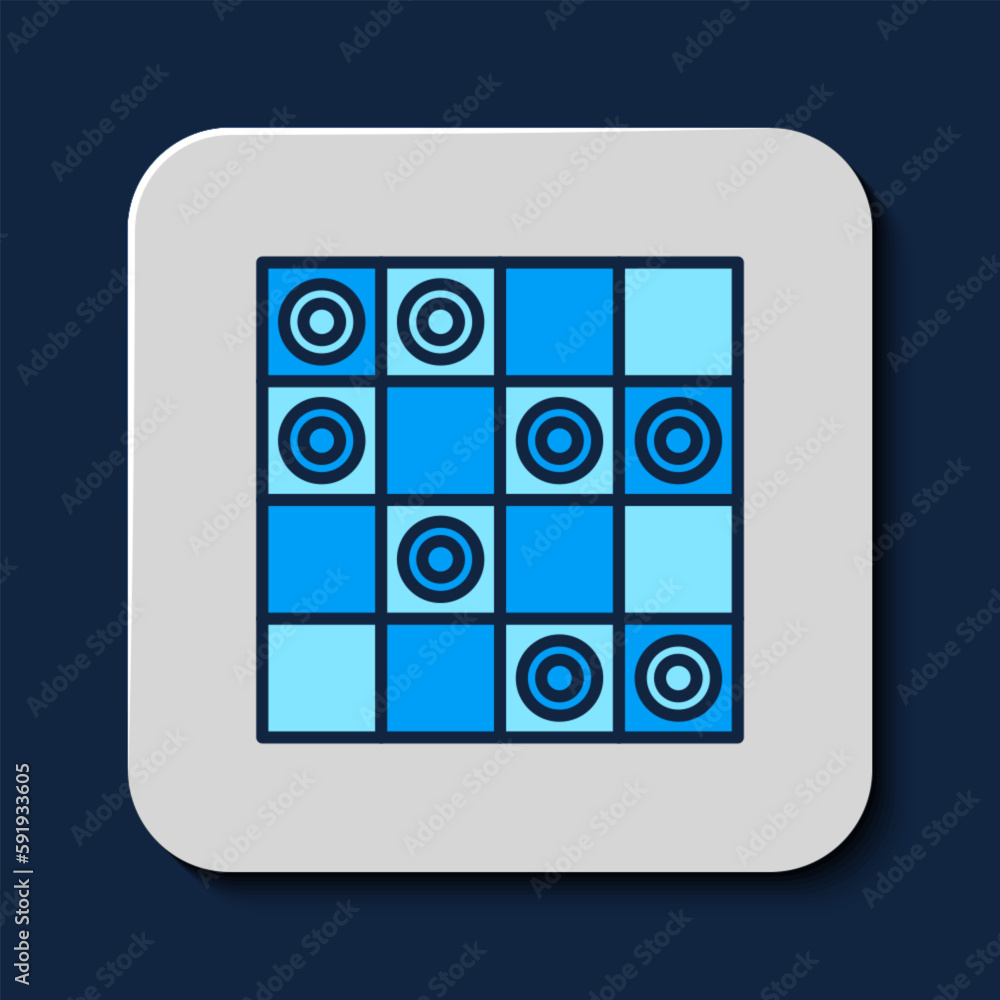 Poster filled outline board game of checkers icon isolated on blue background. ancient intellectual board g