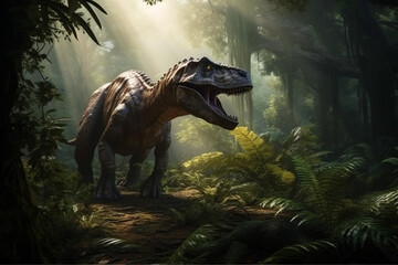 T-Rex dinosaur in the jungle, with its mouth open in a menacing growl, surrounded by lush vegetation and towering trees. The artwork is inspired by the Jurassic World concept. ai generated © twindesigner