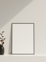 Empty poster frame mockup in sunlight with shadow and vase