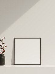 Empty poster frame mockup in sunlight with shadow and vase