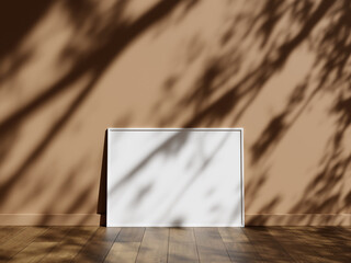 Minimal picture poster frame mockup on wooden floor with shadow