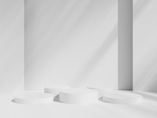 Geometric cylinder shape background in the white and grey studio room minimalist mockup for podium display or showcase