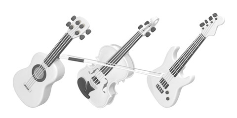 3d realistic violin, electric and acoustic guitar for music concept design in plastic cartoon style. Vector illustration