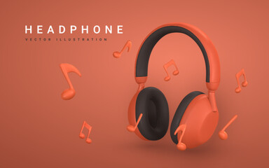 3d realistic colour headphone with music note for music concept design in plastic cartoon style. Vector illustration
