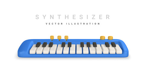3d realistic synthesizer. Music concept design in plastic cartoon style. Vector illustration