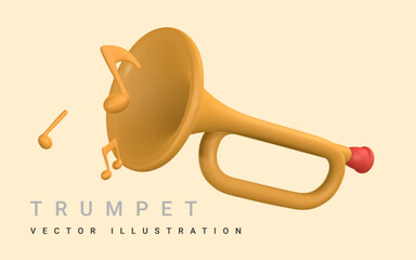 3d realistic trumpet for music concept design in plastic cartoon style. Vector illustration