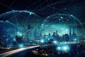 A creative, conceptual image representing automotive global communication, such as a network of connected vehicles, a futuristic cityscape with intelligent transportation systems. Generative AI.