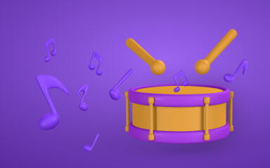 3d realistic drum for music concept design in plastic cartoon style. Vector illustration
