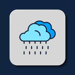 Filled outline Cloud with rain icon isolated on blue background. Rain cloud precipitation with rain drops. Vector