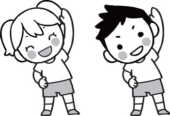 体操をする男の子と女の子　モノクロ