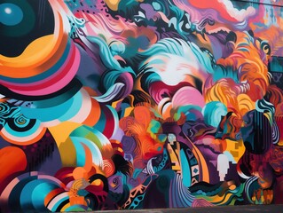 Abstrakte, bunte Graffiti-Struktur auf einer Wand mit dynamischen Linien und Formen, urbane Ästhetik, kreative Ausdrucksstärke, Generative AI 16