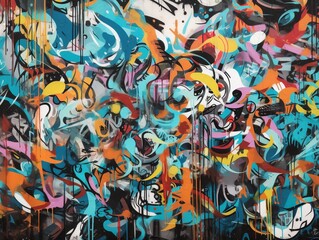 Abstrakte, bunte Graffiti-Struktur auf einer Wand mit dynamischen Linien und Formen, urbane Ästhetik, kreative Ausdrucksstärke, Generative AI 10