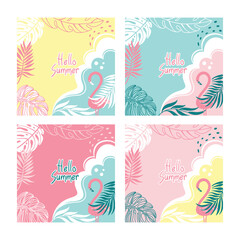 Fototapeta na wymiar Pink flamingo in beach. Flyer set with summer illustration for your text. Summer beach. Vector.