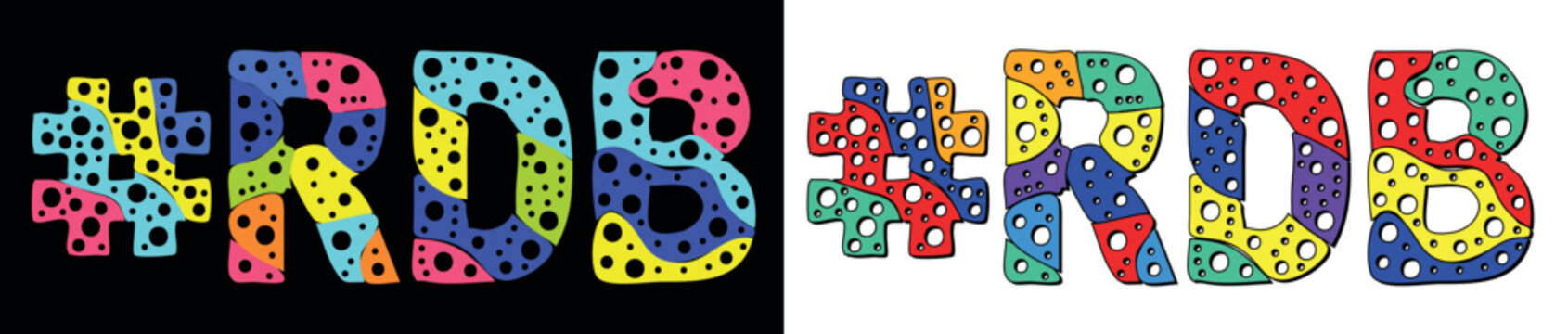 RDB Hashtag. Multicolored bright cartoons curves isolated letters, with round holes like bubbles. Trendy popular Hashtag #RDB for web resources, social network stories, typography banner, t-shirts.