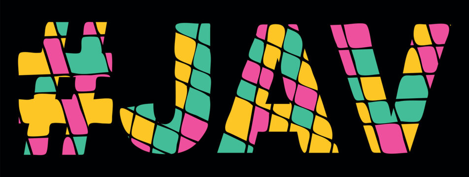 JAV Hashtag. Tricolor isolated letters from contrast flowing fluid shapes. Popular Hashtag #JAV for japan video, social networks, web resources, mobile app. Stock vector