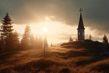 Beautiful Nordic church nestled in a serene and picturesque landscape at sunrise, with misty hills and mountains in the background, surrounded by trees, and with a river flowing nearby. Ai generated