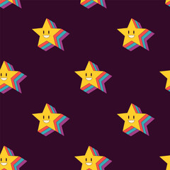 Obraz premium 1970 smiling little star with rainbow reflection on dark background. Groovy kids hippie retro seamless pattern. Vintage style for textile party cover decor.