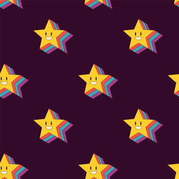 1970 smiling little star with rainbow reflection on dark background. Groovy kids hippie retro seamless pattern. Vintage style for textile party cover decor.