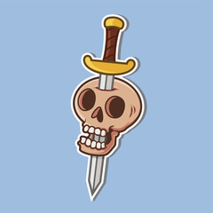 sticker design with illustration of sword stuck in skull, editable vector.