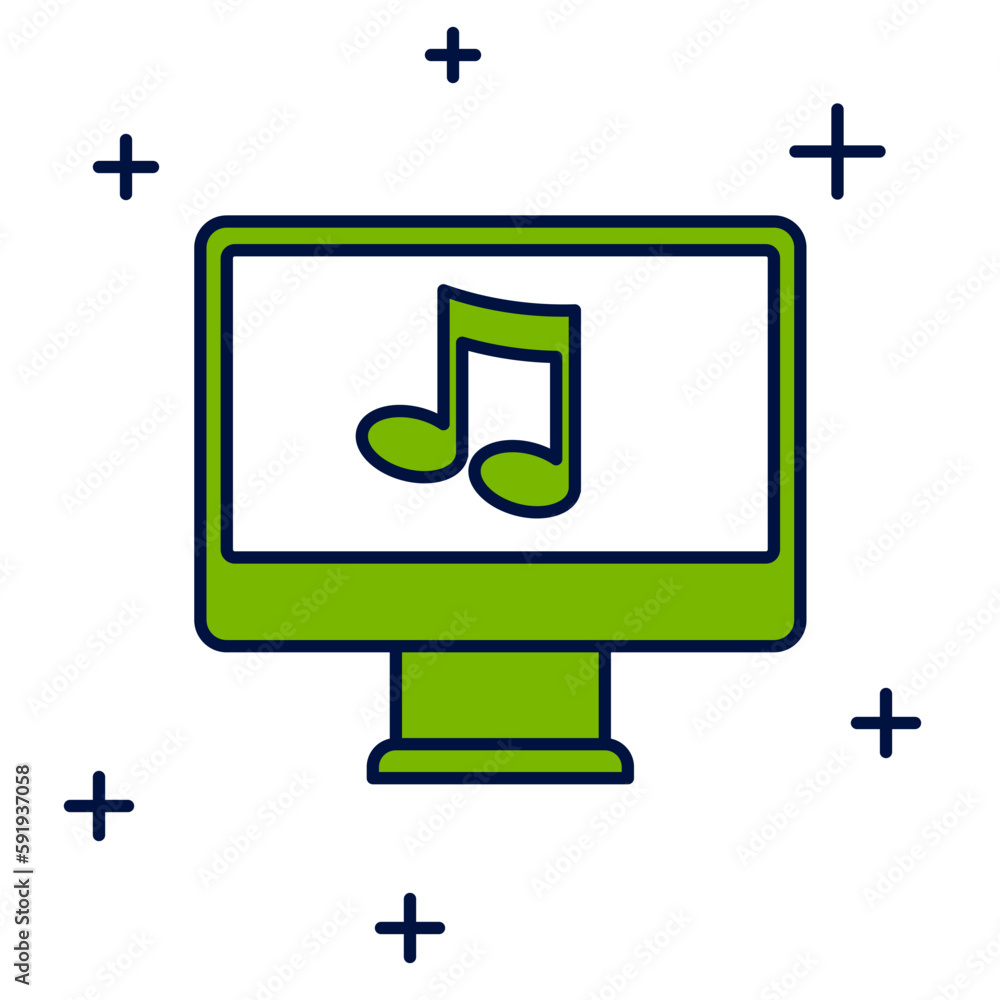 Aufkleber filled outline computer with music note symbol on screen icon isolated on white background. vector