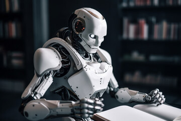 Humanoid robot cyborg reading a book and acquiring new data, representing the concept of artificial intelligence and its continuous development. Ai generated