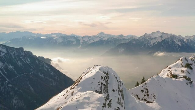 snowcapped view of Rochers de Naye massif in Switzerland aerial