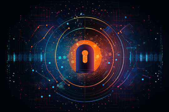 Security Background Design Featuring Orange And Blue Locker In A Graphic Design Style, Representing The Concept Of Security And Safety, Big Data Storage, Antivirus Software, Cloud Data. Ai Generated