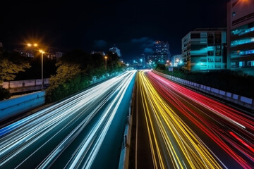 Fototapeta premium Illustration capturing the speed concept with light trails from long exposure photography during the night in a bustling city. Ai generated.