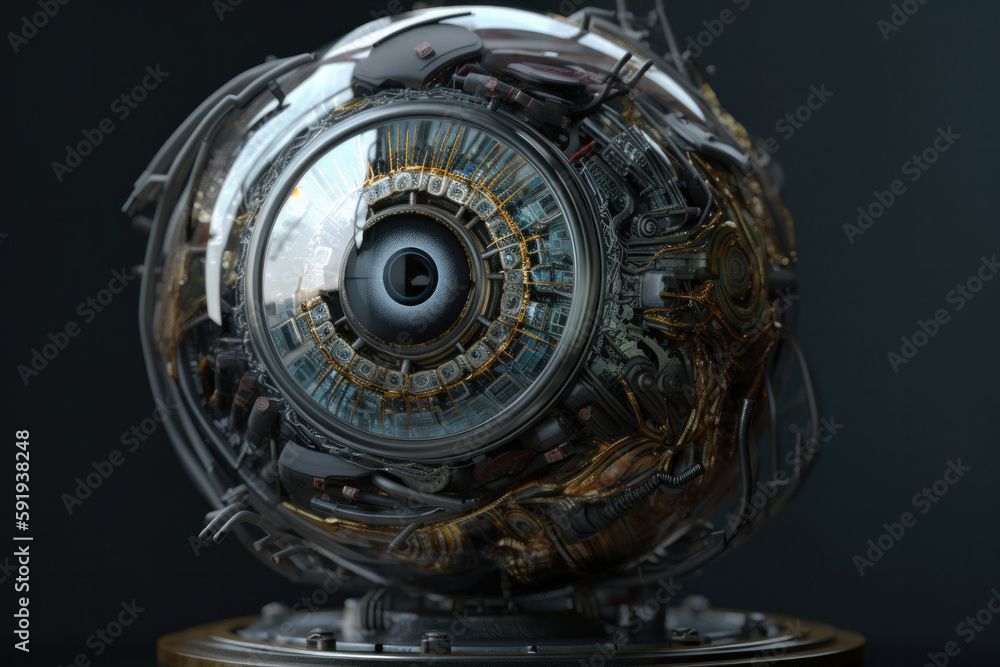Poster futuristic mechanical object with a large robotic eye, isolated on white background. bionic eye tech
