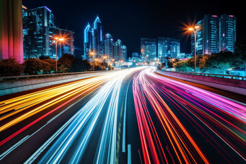 Obraz premium Illustration capturing the speed concept with light trails from long exposure photography during the night in a bustling city. Ai generated.