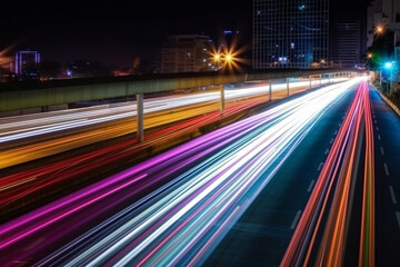 Obraz premium Illustration capturing the speed concept with light trails from long exposure photography during the night in a bustling city. Ai generated.
