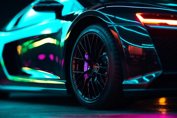 Obraz na płótnie Canvas Wheel rim of a speed sports car with vibrant colors and neon lights, exuding a sense of speed and excitement. Racing Car Rims in the Dark with neon colors and vibrant colors. Ai generated