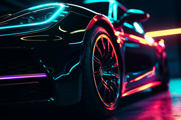 Wheel rim of a speed sports car with vibrant colors and neon lights, exuding a sense of speed and excitement. Racing Car Rims in the Dark with neon colors and vibrant colors. Ai generated