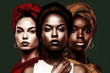 The future is female. Black excellence. Fictional AI women Woman's Day Banner, Woman history month, march, Empowering multicultural feminism, multiracial woman created with generative ai
