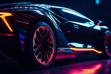 Obraz na płótnie Canvas Wheel rim of a speed sports car with vibrant colors and neon lights, exuding a sense of speed and excitement. Racing Car Rims in the Dark with neon colors and vibrant colors. Ai generated