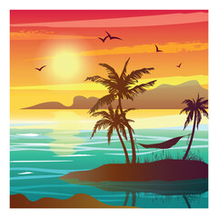 Fototapeta na wymiar Square tropical landscape with sea, sunset and palm trees. Abstract landscape. Tropical paradise island.