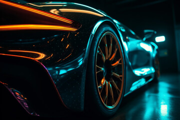 Plakat Wheel rim of a speed sports car with vibrant colors and neon lights, exuding a sense of speed and excitement. Racing Car Rims in the Dark with neon colors and vibrant colors. Ai generated