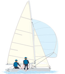 Fototapeta premium sailing two male crew leaning out in a 470 dinghy sailboat isolated on white background