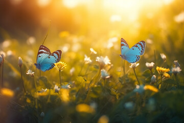 Beauty of spring with a field filled with blue butterflies and rays of sunshine, representing the renewal and revival of nature after a long winter. Ai generated