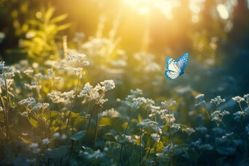 Obraz na płótnie Canvas Beauty of spring with a field filled with blue butterflies and rays of sunshine, representing the renewal and revival of nature after a long winter. Ai generated