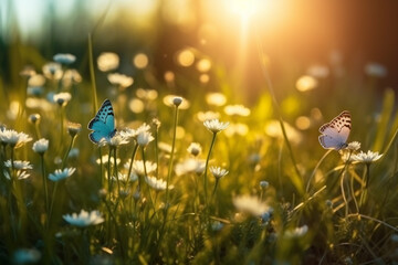 Beauty of spring with a field filled with blue butterflies and rays of sunshine, representing the renewal and revival of nature after a long winter. Ai generated